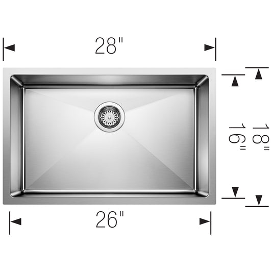 BLANCO Quatrus R15 28" Single Bowl Undermount Stainless Steel Kitchen Sink dimensions 28" x 26" x 18".