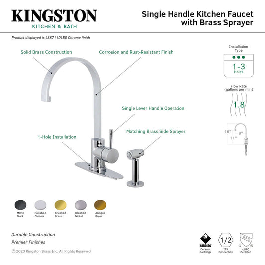 Kingston Brass LS8713DLBS Concord Kitchen Faucet with Brass Side Sprayer in sleek chrome finish, highlighting ergonomic design and functionality.