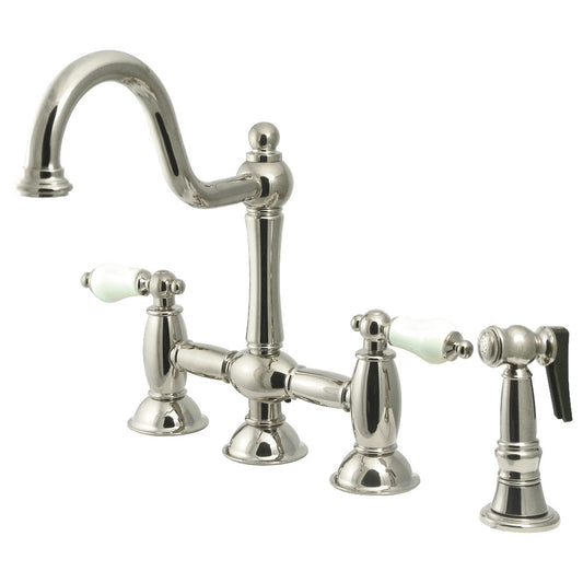 Kingston KS3798PLBS Restoration Bridge Kitchen Faucet with Brass Sprayer, Brushed Nickel
