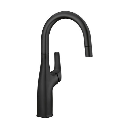 BLANCO Rivana Pull-Down Bar Faucet in sleek black finish for contemporary kitchen designs.
