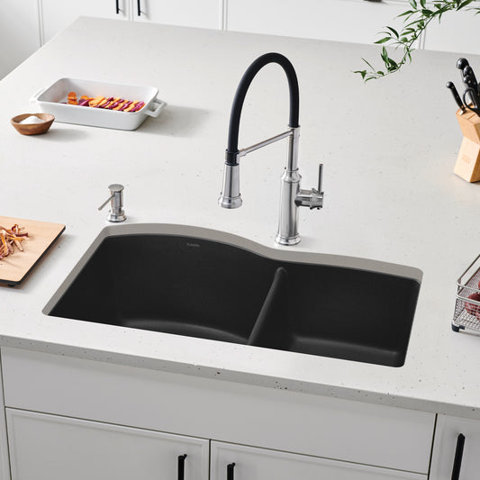 BLANCO Diamond SILGRANIT 32" 60/40 Double Bowl Undermount Kitchen Sink installed on a modern countertop.