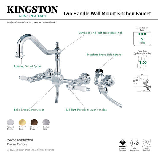 Kingston KS1245BPLBS Bel-Air Two-Handle Wall Mount Bridge Kitchen Faucet with Brass Sprayer, Oil Rubbed Bronze