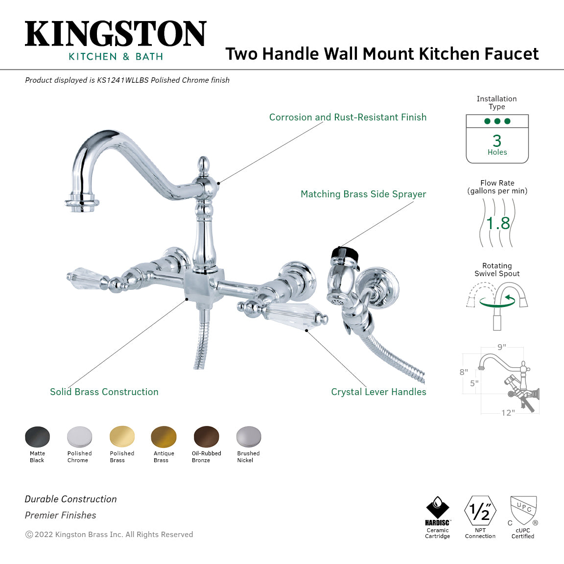 Kingston KS1243WLLBS Wilshire Two-Handle Wall Mount Bridge Kitchen Faucet with Brass Sprayer, Antique Brass