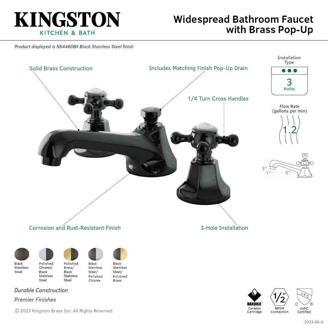 Kingston Brass NS4460BX Water Onyx Widespread Bathroom Faucet left side view with matching pop-up drain and cross handles.