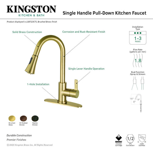Kingston Brass LS8723CTL Continental Pull-Down Kitchen Faucet with curved spout design and single handle operation.