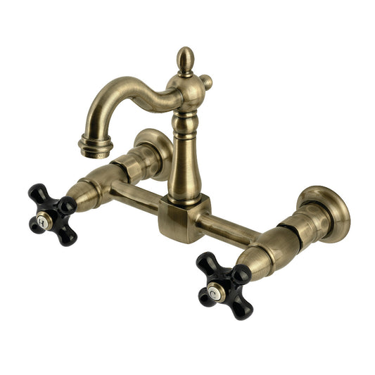 Kingston KS2443PKX Duchess Two-Handle Wall Mount Bridge Kitchen Faucet, Antique Brass with black handles.