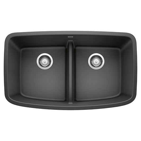 BLANCO Valea SILGRANIT 32" 50/50 Double Bowl Undermount Kitchen Sink with Low Divide top view showing elegant design.