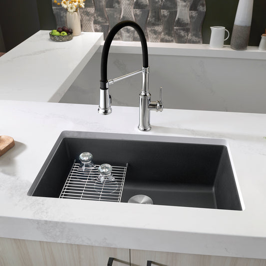 BLANCO Precis SILGRANIT 30" Single Bowl Undermount Kitchen Sink with faucet and accessories on countertop.