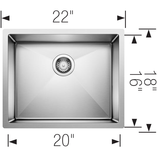 BLANCO Precision R10 22" Single Bowl Undermount Stainless Steel Kitchen Sink dimensions showing 22" x 20" size.