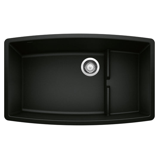 BLANCO Performa Cascade SILGRANIT 32" Single Bowl Undermount Kitchen Sink with Colander from above view.