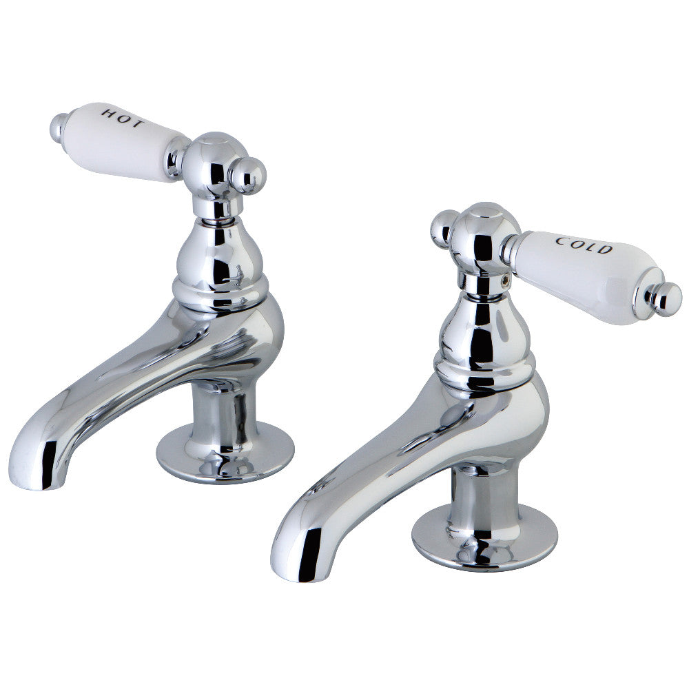 Side view of Kingston Brass CC3L8 Vintage Basin Tap Faucet with Porcelain Lever Handle, featuring hot and cold taps.
