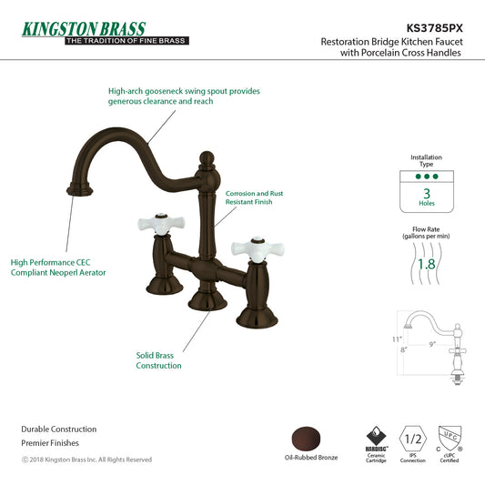 Kingston KS3785PX Restoration Bridge Kitchen Faucet, Oil Rubbed Bronze with porcelain cross handles and high-arch spout.