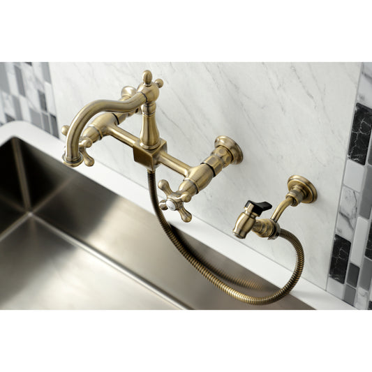 Kingston KS1263AXBS Heritage Two-Handle Wall Mount Bridge Kitchen Faucet with Brass Sprayer, Antique Brass