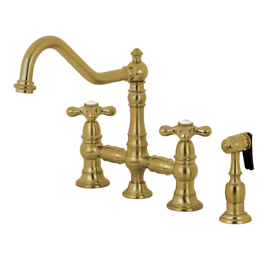 Kingston KS3277AXBS Restoration Bridge Kitchen Faucet with Brass Sprayer, Brushed Brass