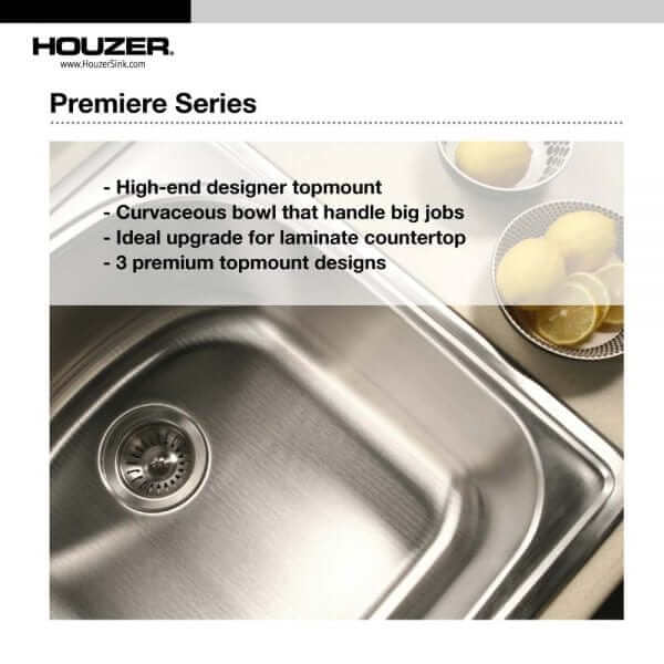 Houzer 41" Stainless Steel Topmount Triple Bowl Kitchen Sink, PGT-4322-1 showcasing high-end designer topmount features.