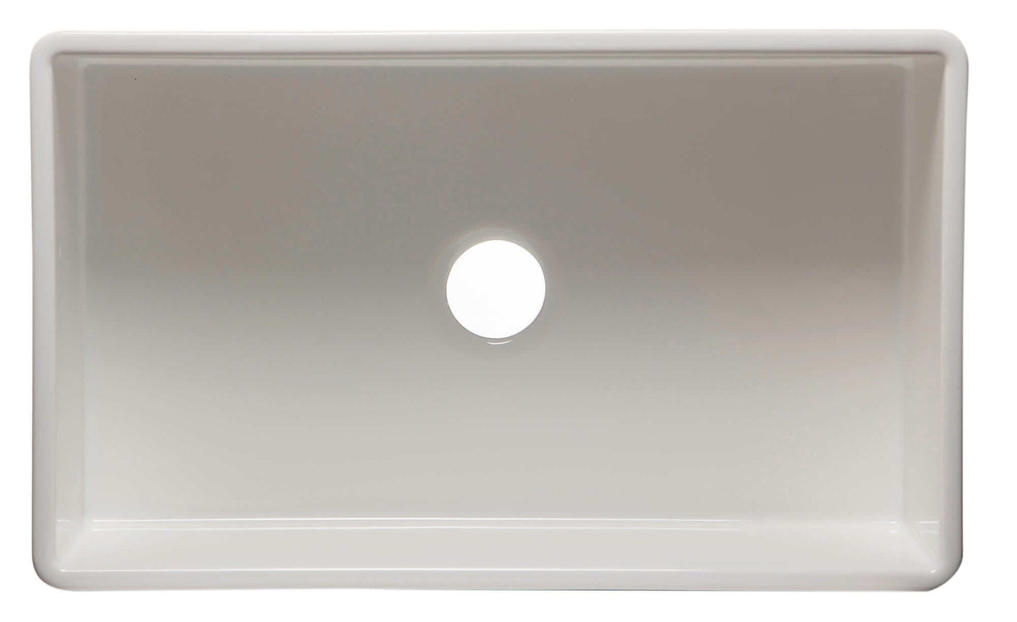 ALFI 33" White Smooth Apron Single Bowl Fireclay Farm Sink AB533-W top view showcasing the sleek design and drain hole.