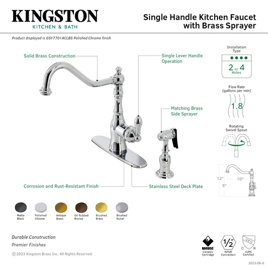Gourmetier GSY7703ACLBS American Classic Single-Handle Kitchen Faucet with Brass Side Sprayer, Antique Brass