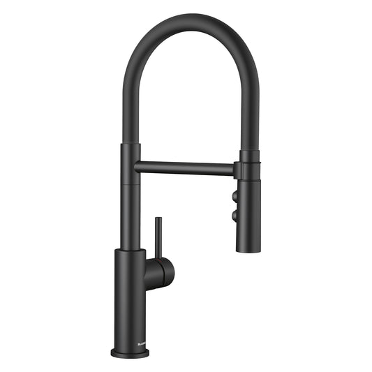 BLANCO Catris Flexo Semi-Pro Pull-Down Dual-Spray Kitchen Faucet in sleek black finish showcasing industrial design.