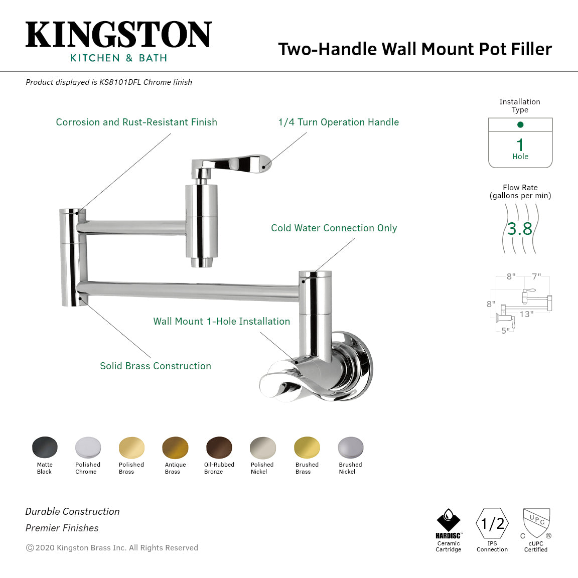 Kingston Brass KS8108DFL NuWave Wall Mount Pot Filler Faucet, Brushed Nickel features durable brass construction.