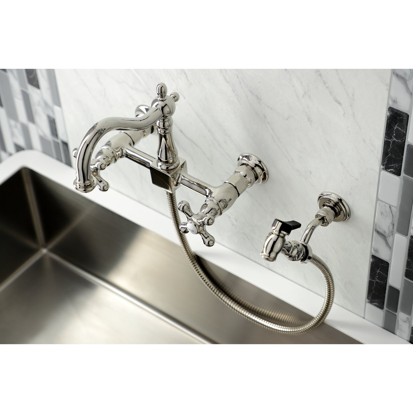 Kingston KS1263AXBS Heritage Two-Handle Wall Mount Bridge Kitchen Faucet with Brass Sprayer, Antique Brass