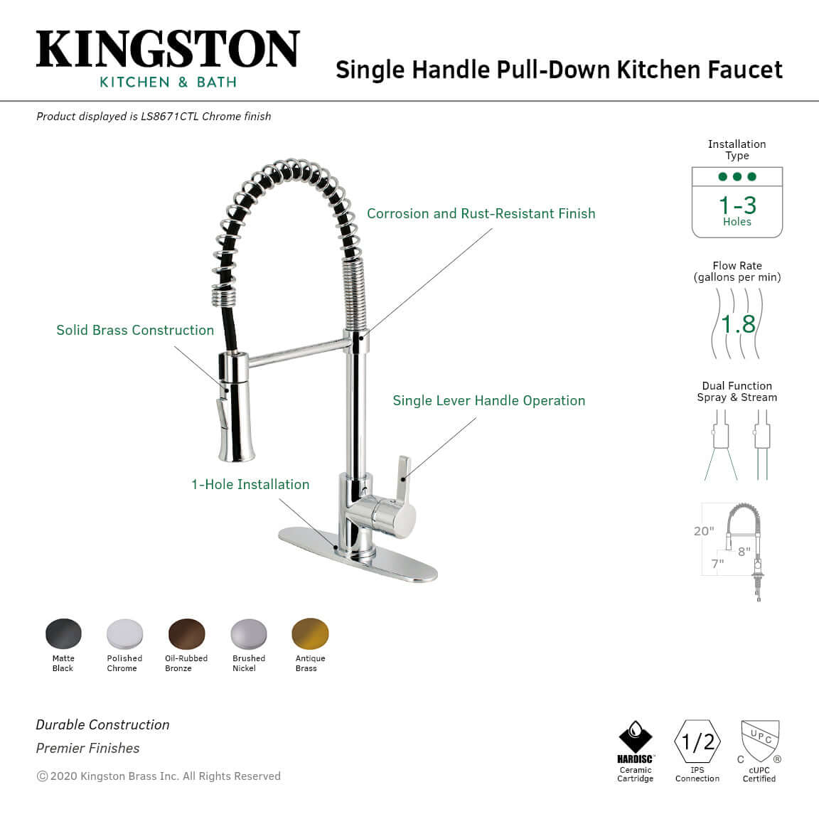 Gourmetier LS8678CTL Continental Single-Handle Deck-Mount Pre-Rinse Kitchen Faucet, Brushed Nickel - Front view with detailed features.