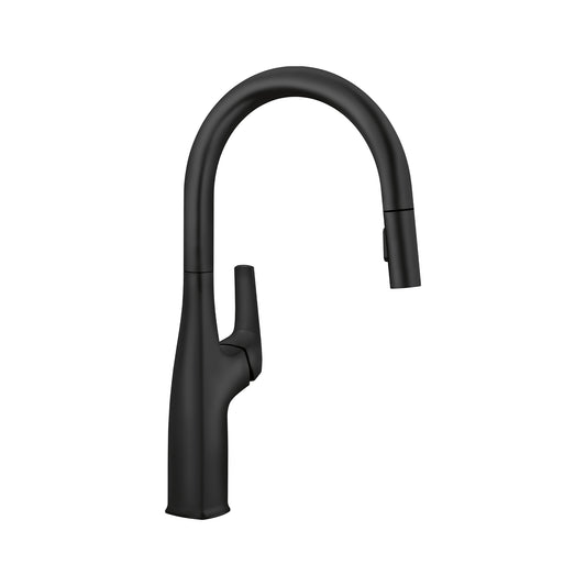 BLANCO Rivana High-Arc Pull-Down Dual-Spray Kitchen Faucet in sleek black finish, featuring a contemporary design.