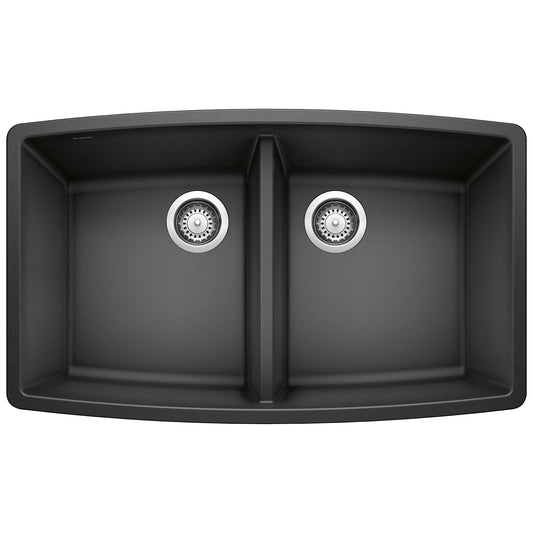 BLANCO Performa SILGRANIT 33" 50/50 Double Bowl Undermount Kitchen Sink in black finish top view