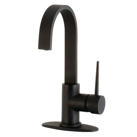 Kingston Brass LS8618NYL New York Single-Handle Bar Faucet in matte black, showcasing graceful gooseneck and single lever handle.