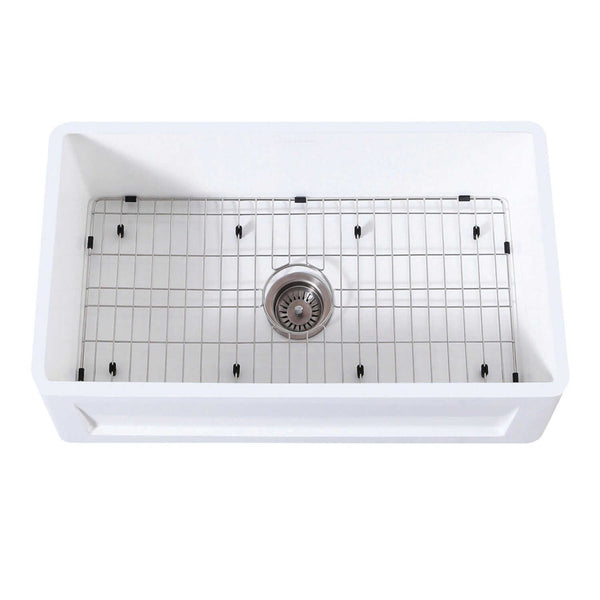KINGSTON Brass Gourmetier 30 Farmhouse Kitchen Sink with Strainer and Grid - Matte White/Brushed