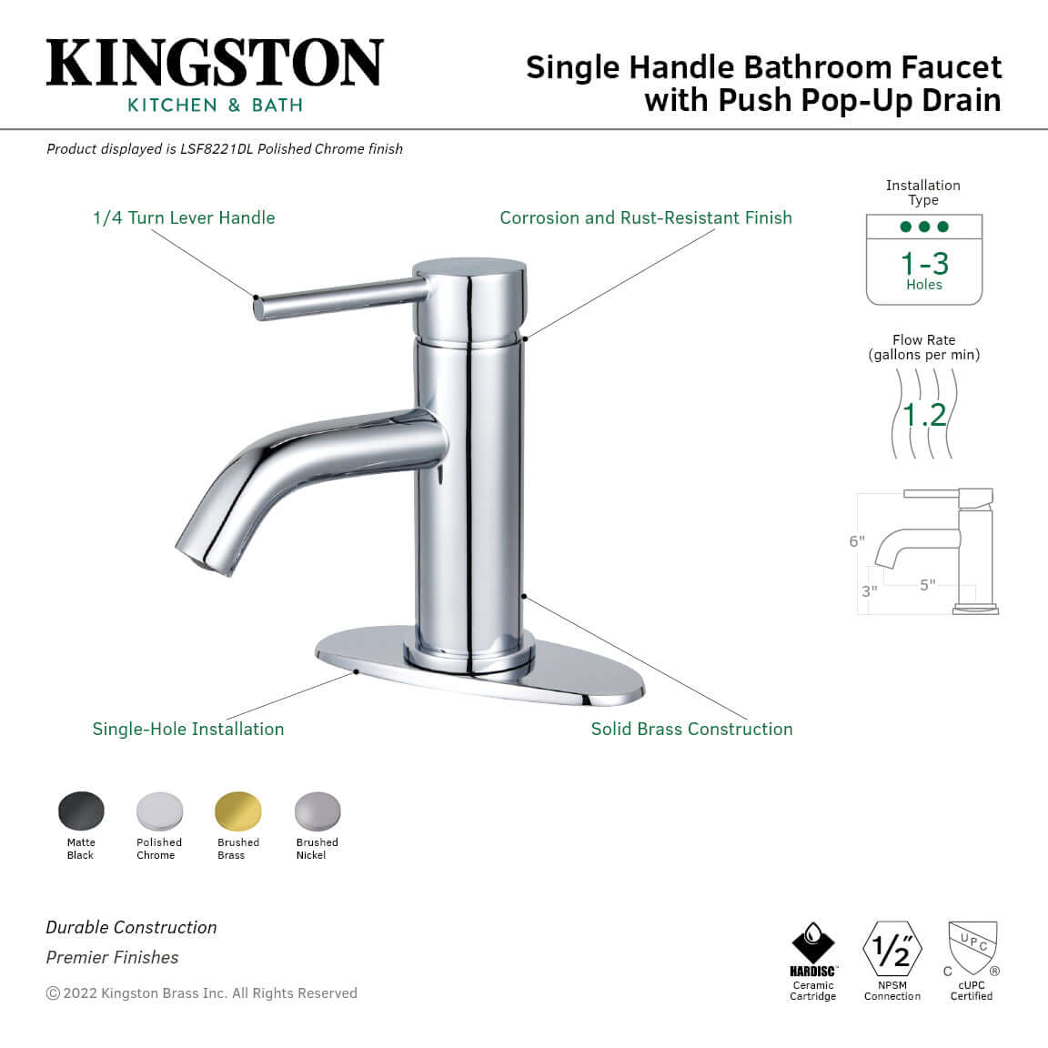 Kingston Brass LSF8223DL Concord Single-Handle Bathroom Faucet right side view with 1/4 turn lever handle
