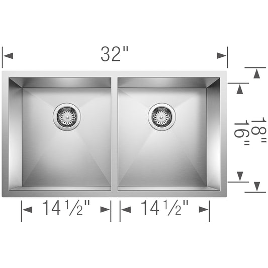 BLANCO Precision R0 28" 50/50 Double Bowl Undermount Stainless Steel Kitchen Sink dimensions with two equal bowls.