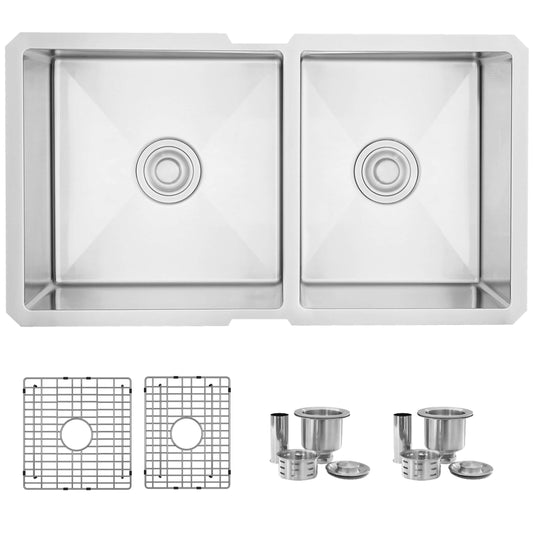 Stylish S-322XG 33" Undermount 60/40 Double Bowl Kitchen Sink top view with additional accessories.