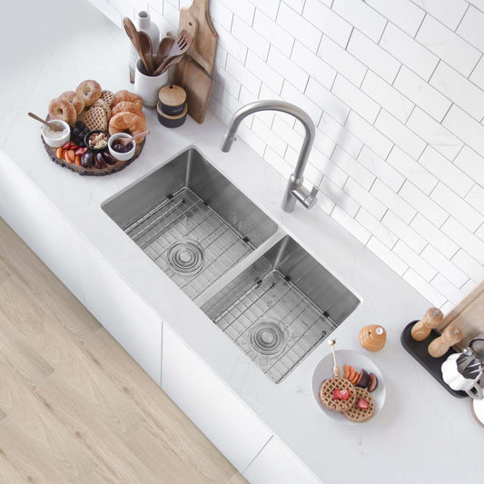 Overhead view of the Stylish S-322XG 33" Undermount 60/40 Double Bowl Kitchen Sink with fresh food display.