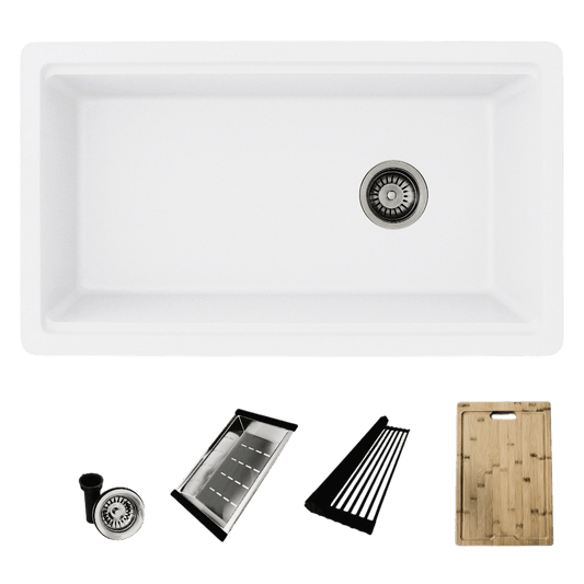 Top view of Stylish 32" Composite Granite Workstation Kitchen Sink in white with accessories including drain and cutting board.