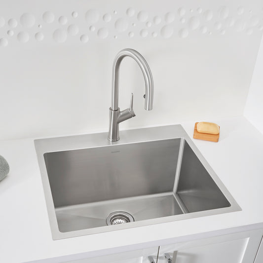 BLANCO Quatrus R15 25" Single Bowl Dual Mount Stainless Steel Laundry Sink with modern faucet