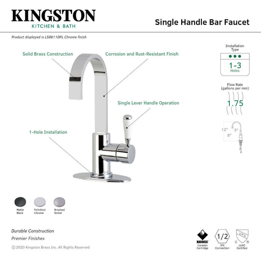 Kingston Brass LS8618DPL Paris Single-Handle Bar Faucet right side view showcasing its single lever handle and high-arc design.