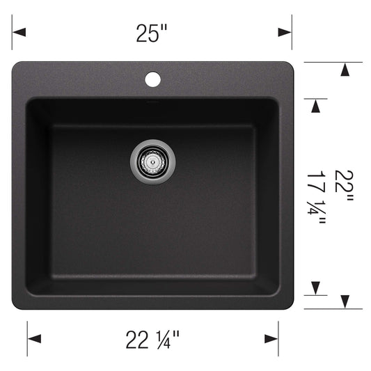 BLANCO Liven SILGRANIT 25" Single Bowl Dual Mount Kitchen Sink dimensions and design features