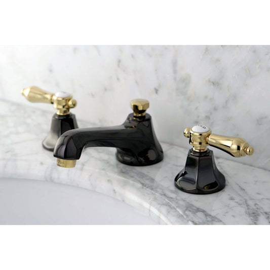 Kingston Brass NS4469BAL Water Onyx Widespread Bathroom Faucet top view showcasing black and gold design on marble countertop.