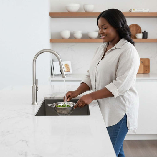 Woman preparing vegetables in the Stylish Azuni 28" Stainless Steel Undermount Kitchen Sink with modern faucet.