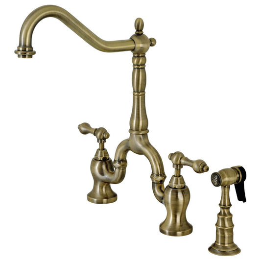 Kingston KS7753ALBS English Country Bridge Kitchen Faucet with Brass Sprayer, Antique Brass