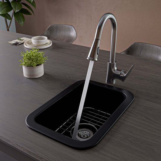 Alfi 13" x 19" Dual Mount Fireclay Prep Sink - ABF1319UD with modern faucet and water flow