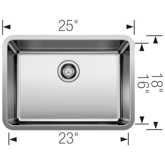 BLANCO Formera 25" Single Bowl Undermount Stainless Steel Kitchen Sink dimensions with rear drain configuration.