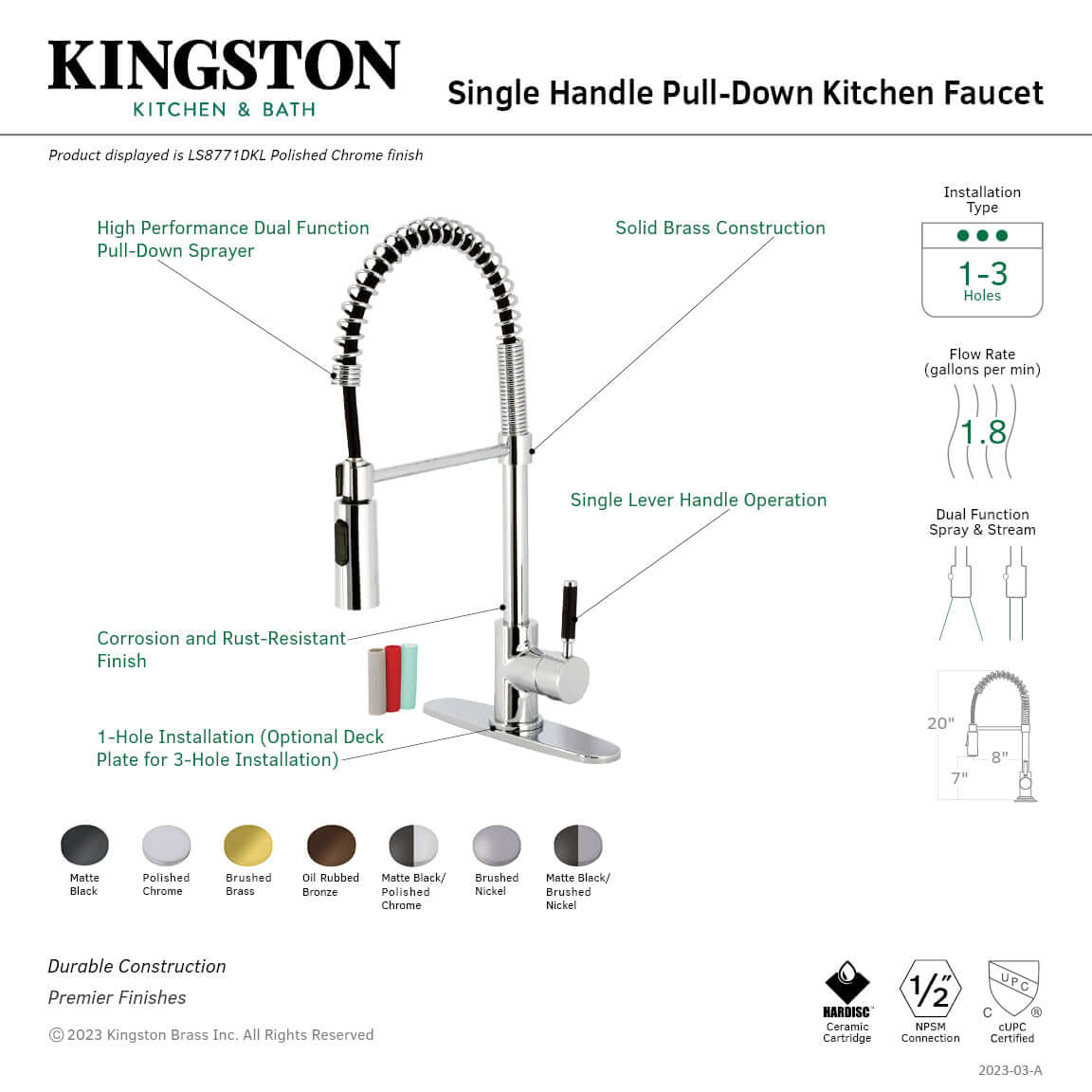 Kingston Brass LS8773DKL Kaiser Pre-Rinse Kitchen Faucet highlighted features, ergonomic design and pull-down sprayer.
