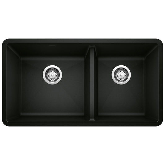 BLANCO Precis SILGRANIT 33" 60/40 Double Bowl Undermount Kitchen Sink in black finish with spacious dual bowls.