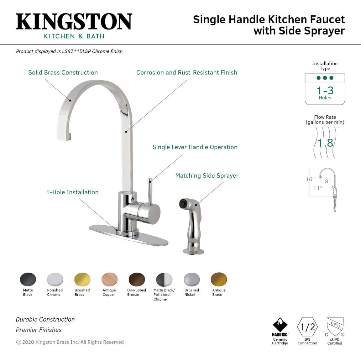 Kingston Brass LS8713DLSP Concord Kitchen Faucet with Side Sprayer right side view highlighting high-arc gooseneck design.