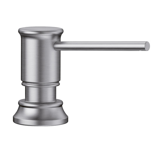 BLANCO Empressa Soap Dispenser with vintage wine press detailing in a sleek stainless steel finish.