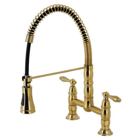 KINGSTON Brass Gourmetier Heritage Two-Handle Kitchen Faucet - Brushed Brass with pull-down sprayer and high arching spout.