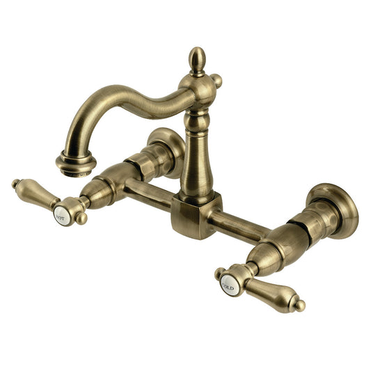 Kingston KS1263BAL Heirloom Two-Handle Wall Mount Bridge Kitchen Faucet, Antique Brass with ornate design and swivel spout