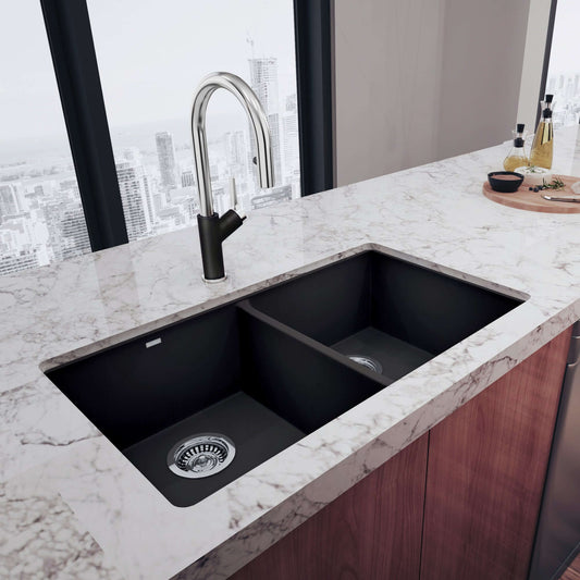 BLANCO Precis SILGRANIT 29" 50/50 Double Bowl Undermount Kitchen Sink in a stylish kitchen setting with marble countertop.