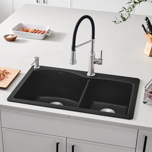 BLANCO Diamond SILGRANIT 33" 60/40 Double Bowl Dual Mount Kitchen Sink in modern kitchen setting with stylish faucet.